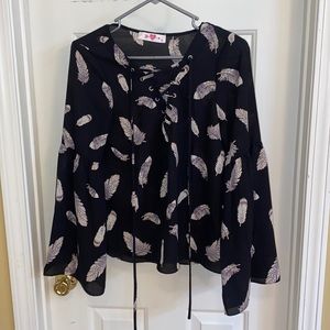 Buddy Love Black Lace-Up Feather Print Blouse